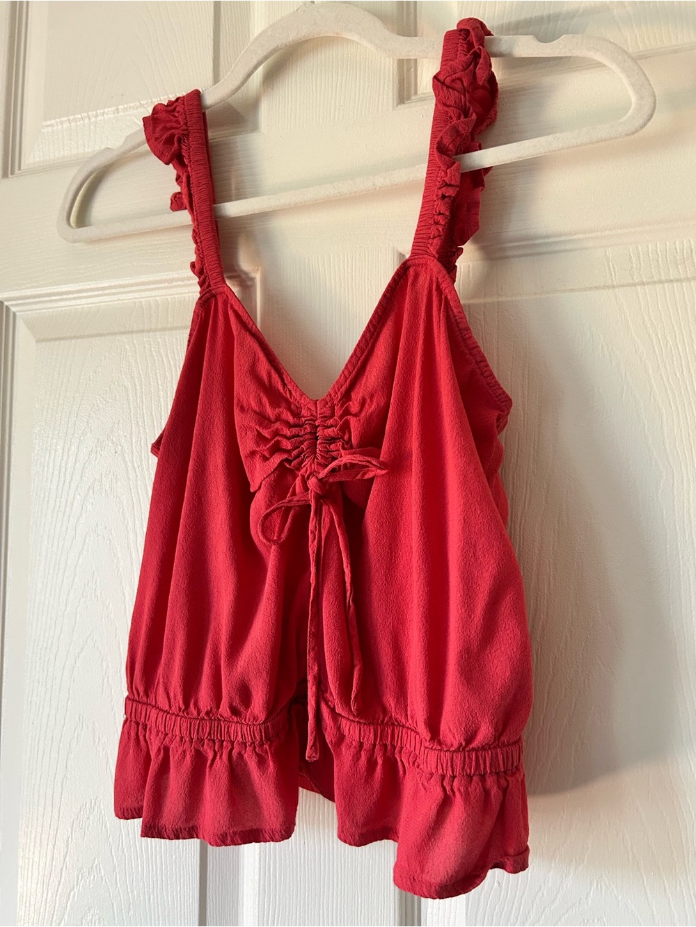 Express Red Ruffle Strap Tie Front Cami Ruched Tank Top - Size Small - Picture 2 of 8